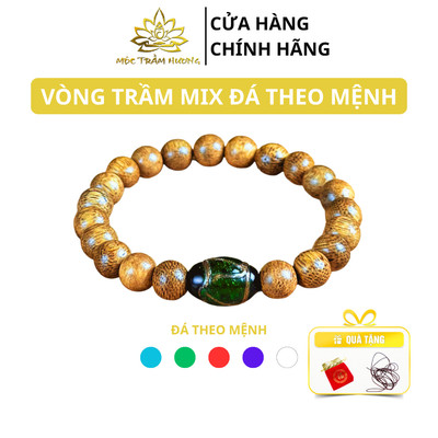 Vòng Tay Trầm Hương Tròn Đơn Trầm Tốc Việt Đính Đá Trụ Ngọc Diện Trợ Mệnh - Mộc Trầm Hương MTH