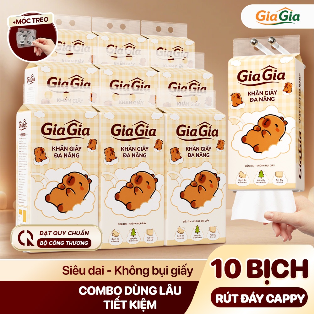 Giấy Lau Bếp Cappy Gia Gia 10 Bịch, Giấy Rút Đa Năng, Khăn Giấy Khô Đa Năng 1.780 Lượt Rút, Mềm Dai