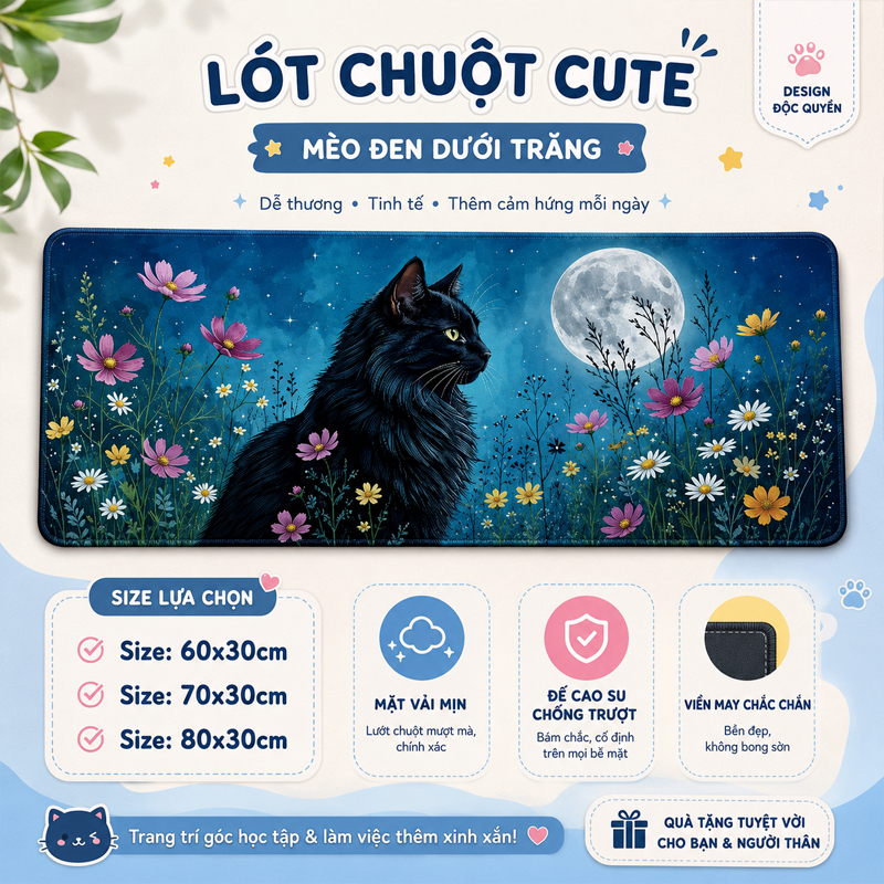 Lót Chuột Cute Mèo Đen Dưới Trăng Hoa Cúc, Pad Chuột Deskmat Đế Cao Su 60x30 70x30 80x30cm Techstar
