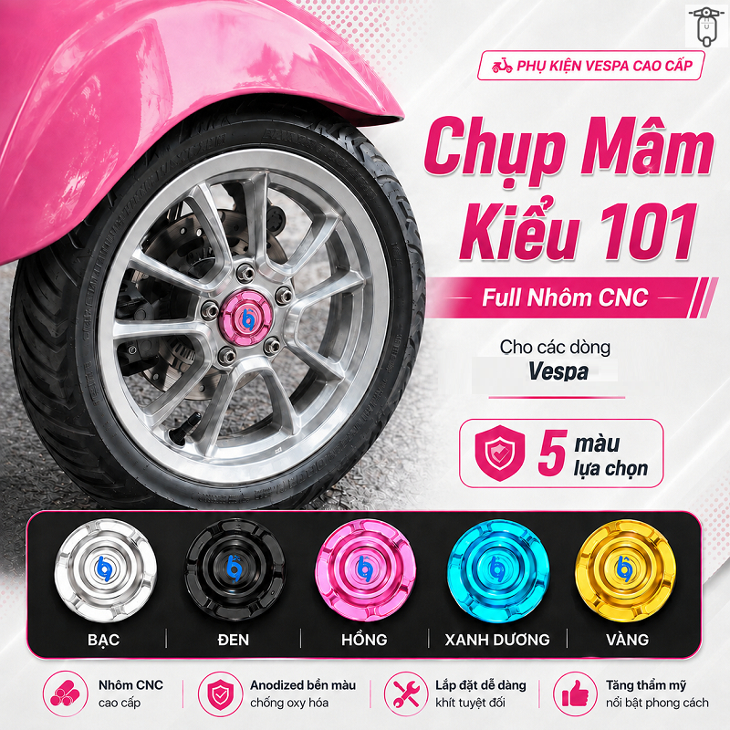 Chụp Mâm Vespa Kiểu 101 Cho Sprint Primavera LX S GTS GTV – Phụ Kiện Độ Xe Trang Trí Mâm