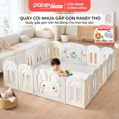 Quây Cũi Nhựa Gấp Gọn Cao Cấp PAKEY Thỏ Tặng Kèm Chong Chóng & 100 Bóng Pastel, Quây Chơi Cho Bé An Toàn
