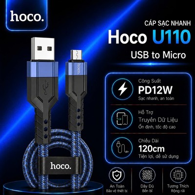 Cáp sạc nhanh PD12W USB to Micro Hoco U110 dùng cho Android/Samsung/Oppo, dây dài 120cm