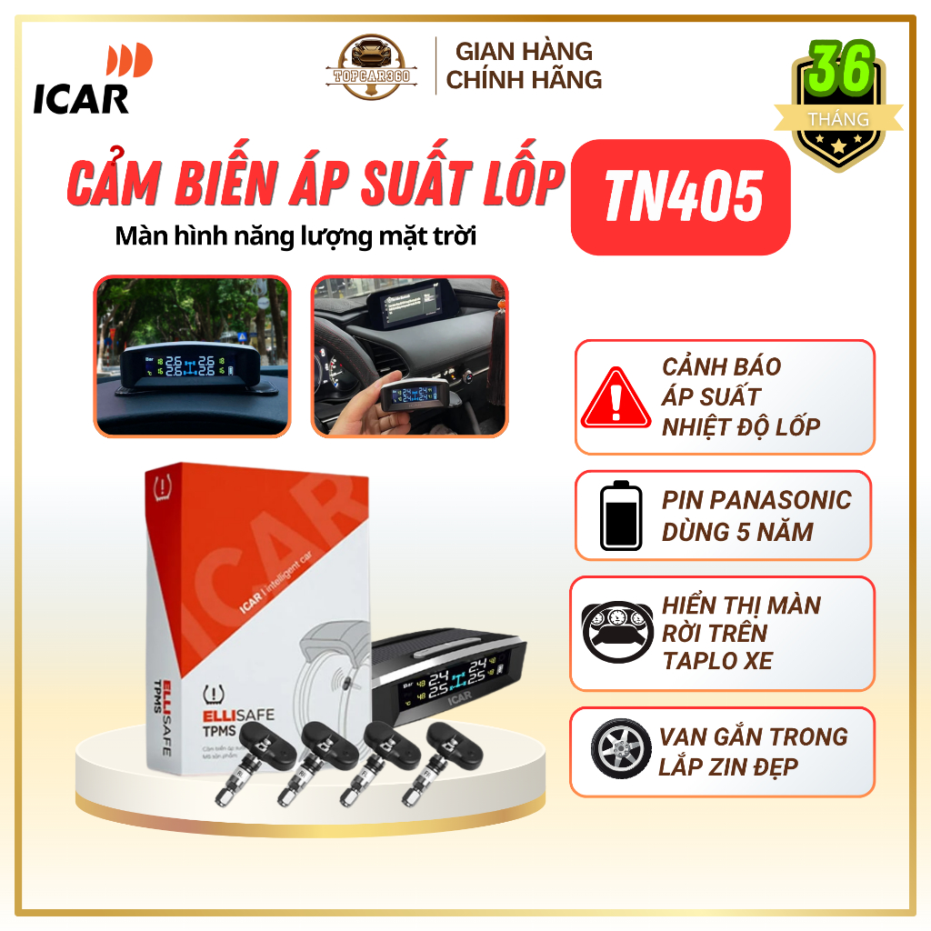 ICAR Cảm Biến Áp Suất Lốp TN405 Ellisafe Chính Hãng Bảo Hành 3 Năm Hiển Thị Trên Taplo Xe Ô Tô