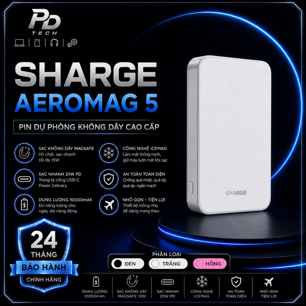 Pin Dự Phòng Không Dây SHARGE AEROMAG 5 5000mAh Qi2 15W, Sạc Nhanh 30W, Sạc Nam Châm, Bảo Hành 2 Năm