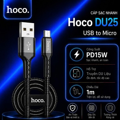 Cáp sạc nhanh PD15W USB to Micro Hoco DU25 dây dù chống gãy gập truyền dữ liệu nhanh chóng dài 1M cho Android