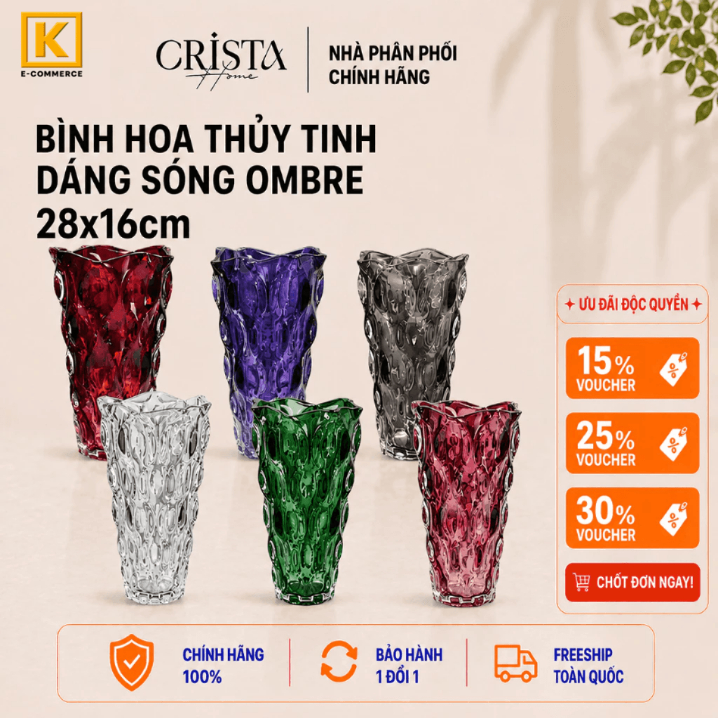 BÌNH HOA THỦY TINH DÁNG SÓNG OMBRE CRISTA HOME 28X16CM 60230