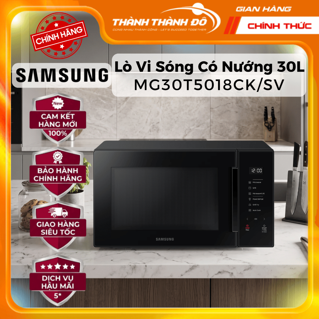 [CHÍNH HÃNG] Lò Vi Sóng Samsung 30L MG30T5018CK/SV - Chế Độ Chiên Nướng Không Dầu Grill Fry, màu Đen