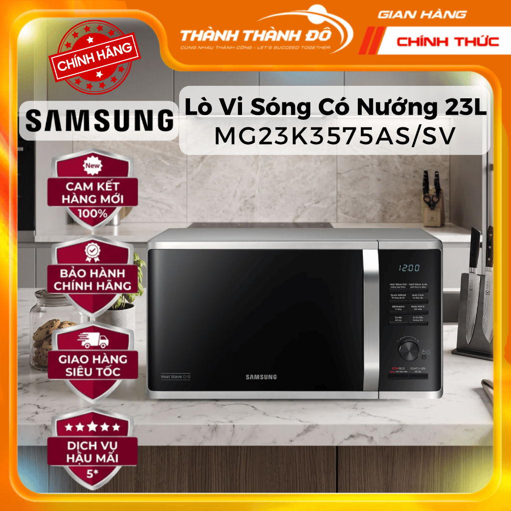 [CHÍNH HÃNG] Lò Vi Sóng 23L Samsung MG23K3575AS/SV - Nướng Đa Chiều Heat Wave- Màu Đen