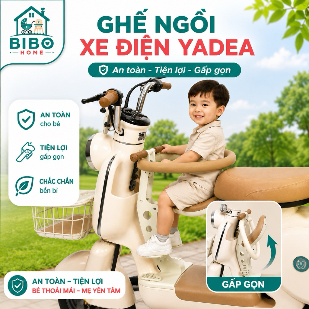 Ghế ngồi trước xe điện cho bé gắn Yadea I8, Maoly, Moka – gập gọn, có tay cầm, tựa lưng, đệm êm