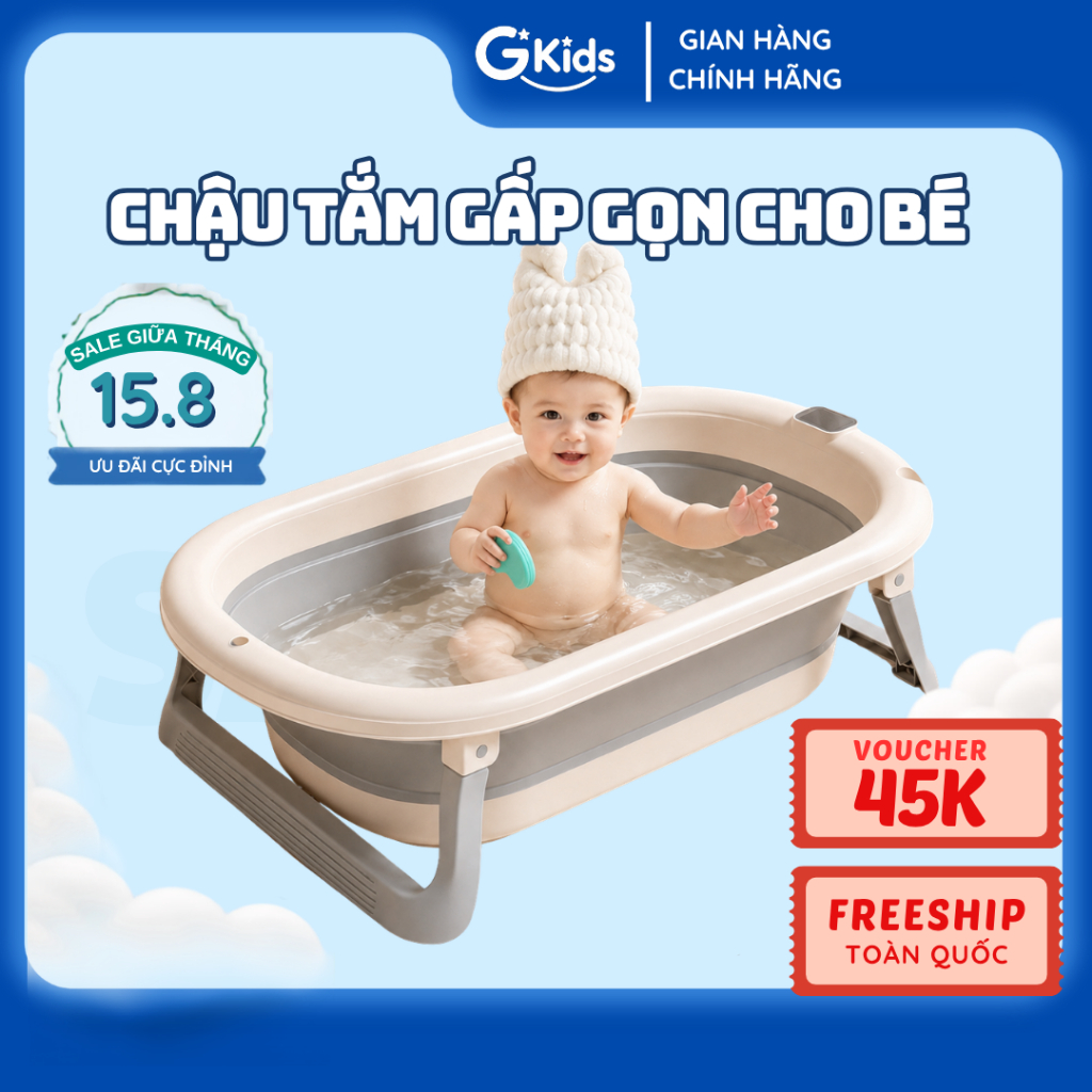 Chậu tắm gấp gọn GKids, Bồn tắm cho bé gấp gọn tiện lợi cho bé từ 0 - 18 tháng tuổi