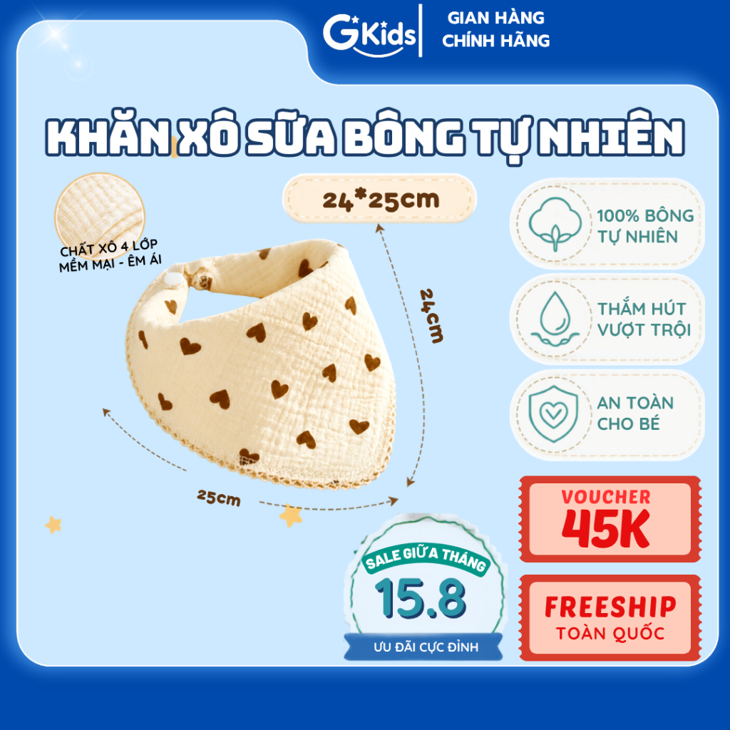 Set 5 khăn sữa xô GKIDS, Khăn xô kháng khuẩn cho bé chất liệu cotton mềm mịn an toàn làn da bé