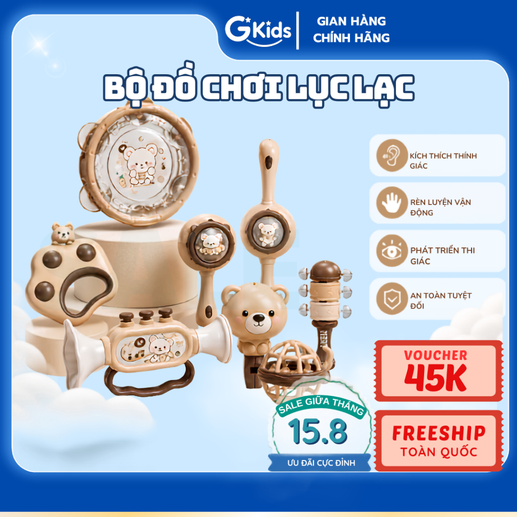 Bộ đồ chơi lục lạc GKids Cho trẻ nhỏ từ 2 tháng tuổi trở lên, Đồ chơi xúc xắc 10 món vui nhộn
