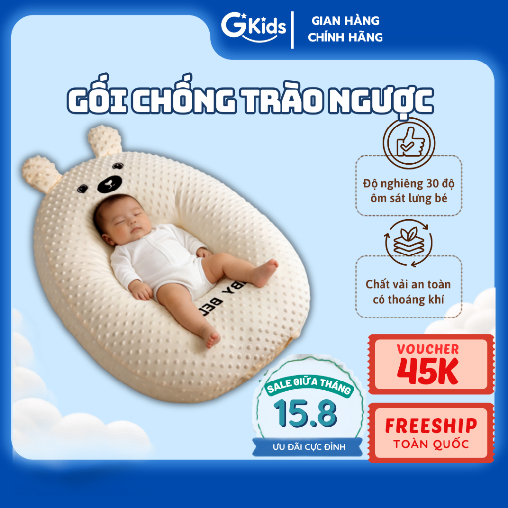 Gối chống trào ngược GKids cho bé giúp bé hạn chế tình trạng nôn trớ sau khi ăn, giúp bé tập lẫy