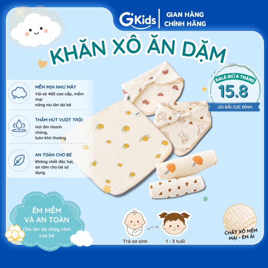 Set 5 khăn xô ăn dặm GKIDS, Khăn xô 40S thấm hút tốt, không xù lông mềm mịn an toàn làn da bé
