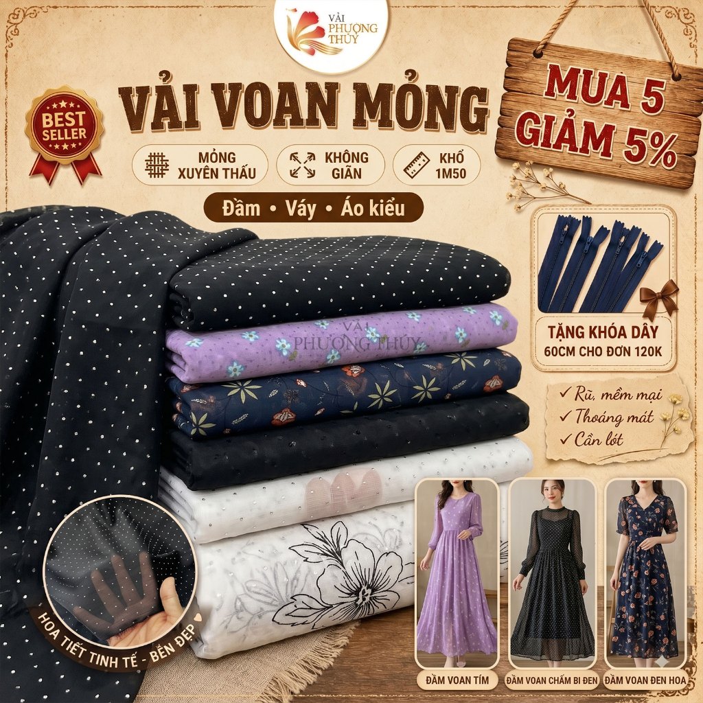 Vải voan đính đá mỏng xuyên thấu Phượng Thúy đa dạng họa tiết chuyên may thời trang nữ khổ 1m50