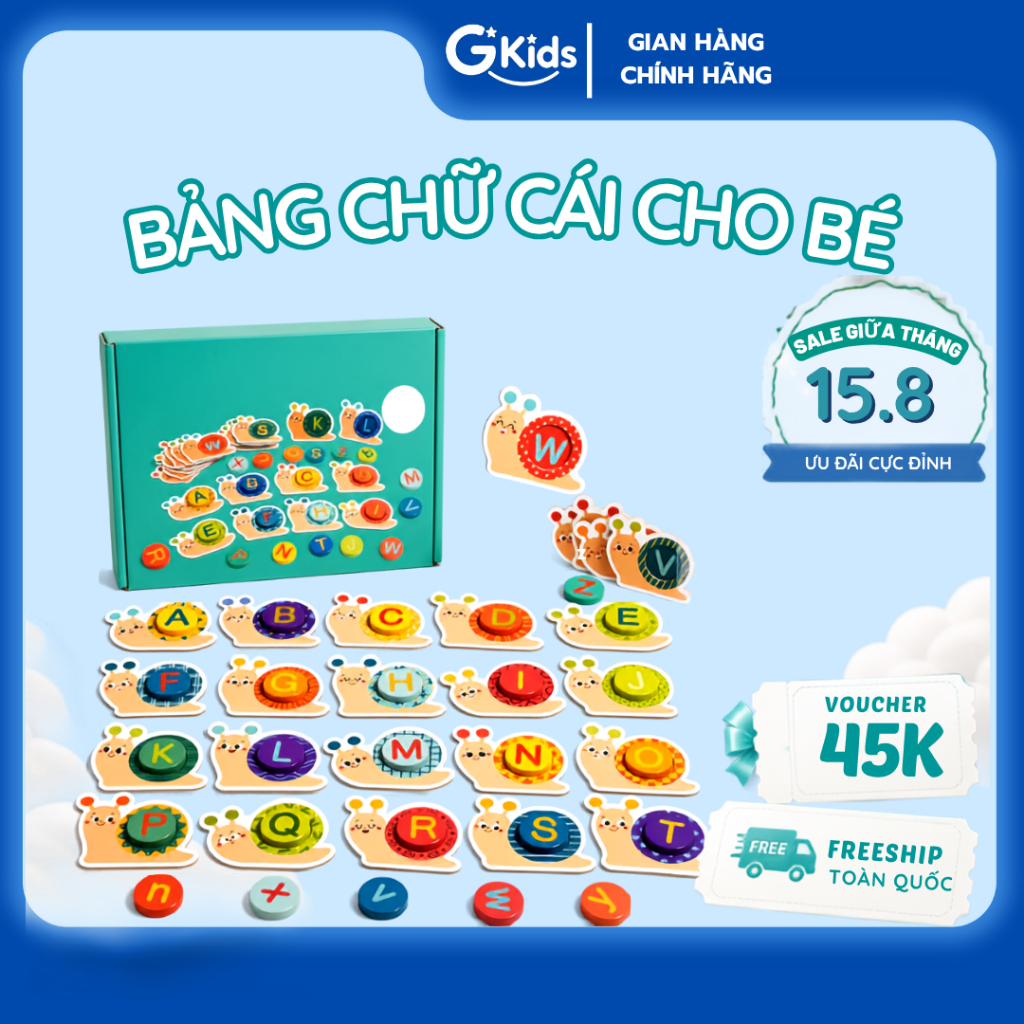 Bảng chữ GKids cho bé tập đọc, Bảng chữ cái rèn luyện tư duy cho bé 2-3 tuổi trở lên bằng gỗ an toàn