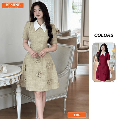 Đầm thiết kế BEMINE cổ đức tùng váy đính hoa cao cấp dáng chữ A phù hợp đi tiệc-T107