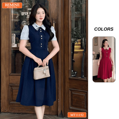 Đầm thiết kế BEMINE cổ đức phối sọc đính nơ dáng chữ A phù hợp đi làm-MT11152