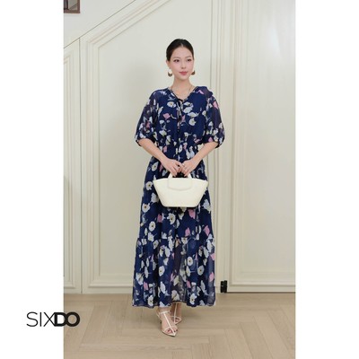 Đầm hoa xanh navy chiffon SIXDO (Navy Floral Chiffon Flared Dress)