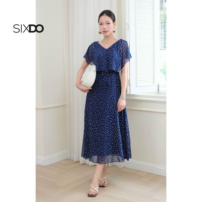 Đầm navy công sở chiffon SIXDO (Navy Chiffon Flared Dress)