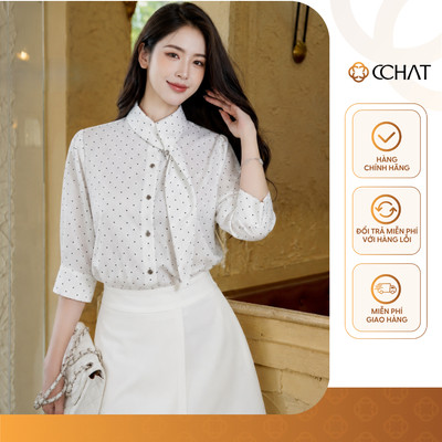 Áo Sơ Mi Nữ 𝐂𝐂𝐇𝐀𝐓 Dáng Suông Kiểu Maya Cổ Thắt Nơ Họa Tiết Chấm Bi Chất Liệu Lụa Tằm 16FDL6162ST
