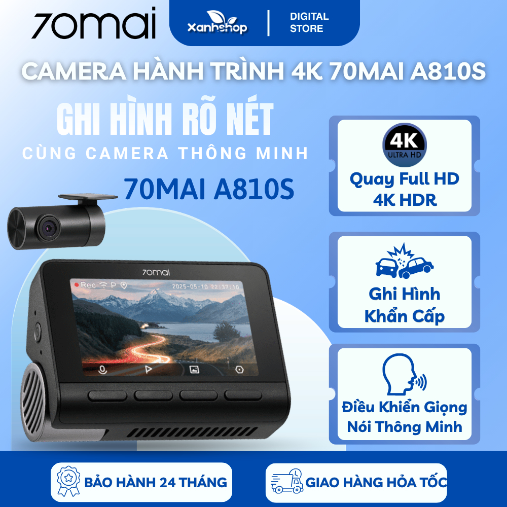 Camera Hành Trình 70mai A810S 4K HDR Ghi Hình 2 Mắt Trước Sau Siêu Nét, Tích Hợp GPS & ADAS, Điều Kh
