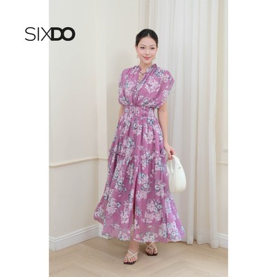 Đầm dáng dài eo chun cổ V SIXDO (Floral Chiffon Flared Dress)