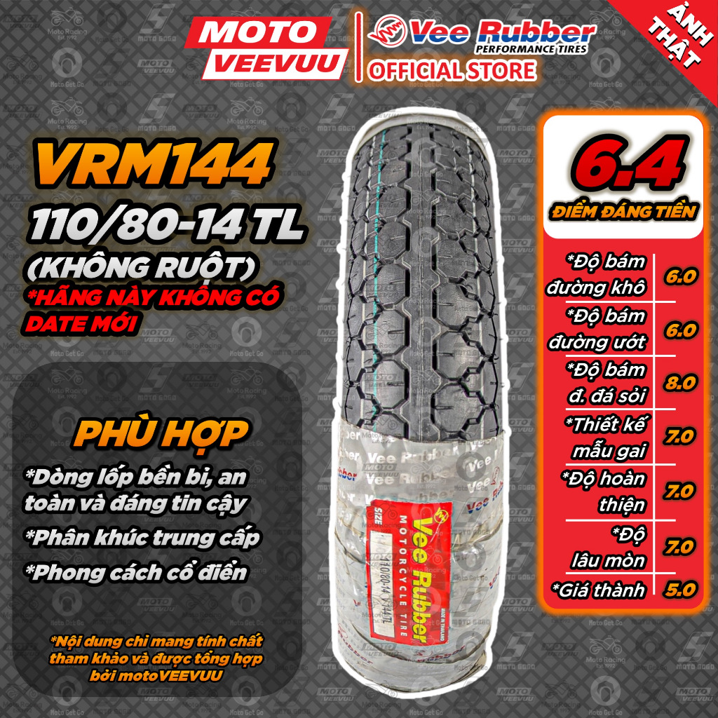 [MTVV] Lốp vỏ xe máy VEE RUBBER 110/80-14 TL VRM144 (Lốp không ruột VeeRubber) 110 80 14<END>