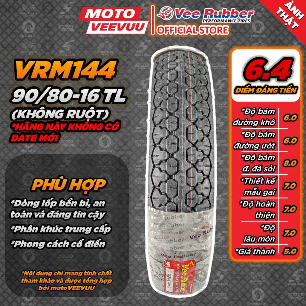 [MTVV] Lốp vỏ xe máy VEE RUBBER 90/80-16 TL VRM144 (Lốp không ruột VeeRubber) 90 80 16 <END>