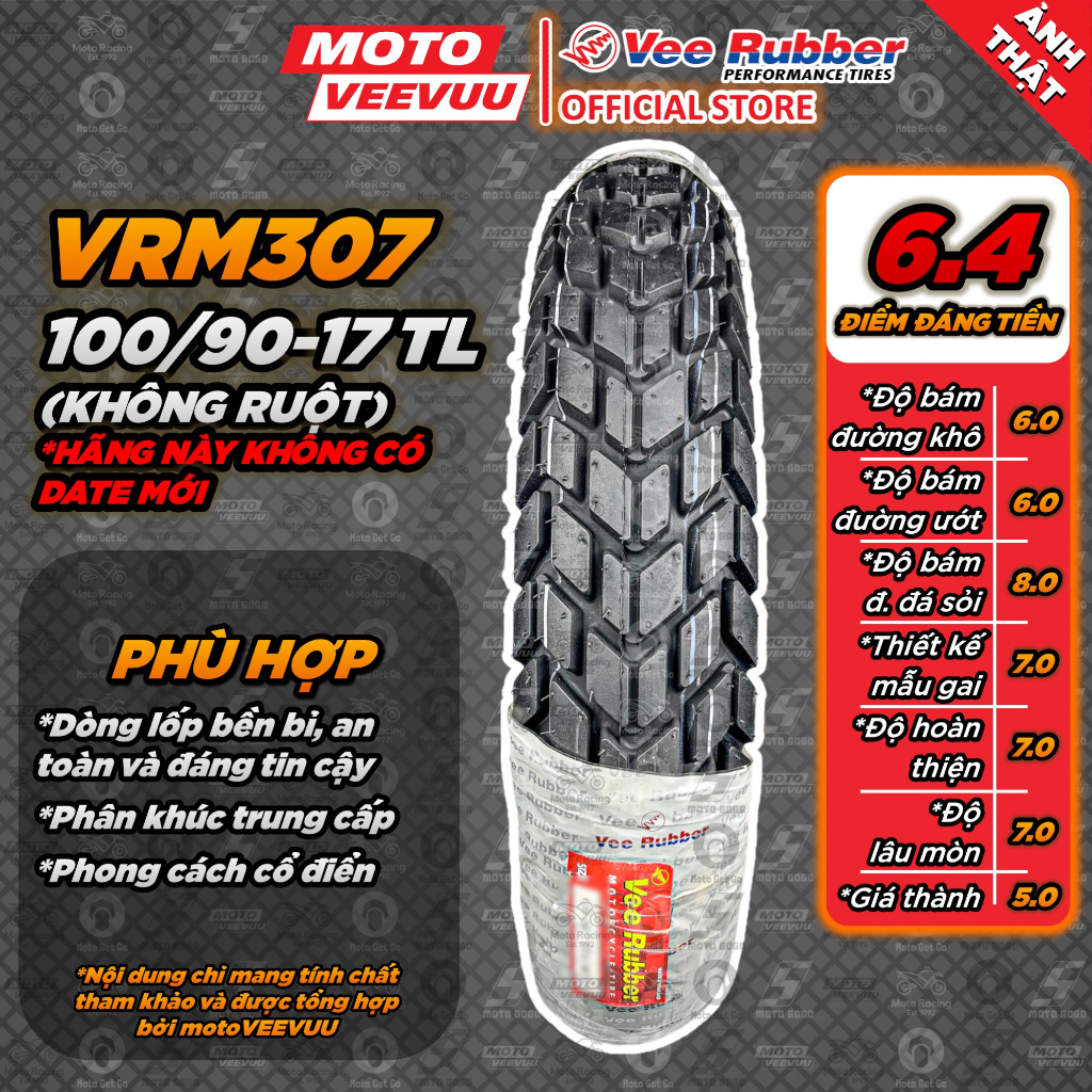 [MTVV] Lốp vỏ xe máy VEE RUBBER 100/90-17 TL VRM307 (Lốp không ruột VeeRubber) 100 90 17<END>