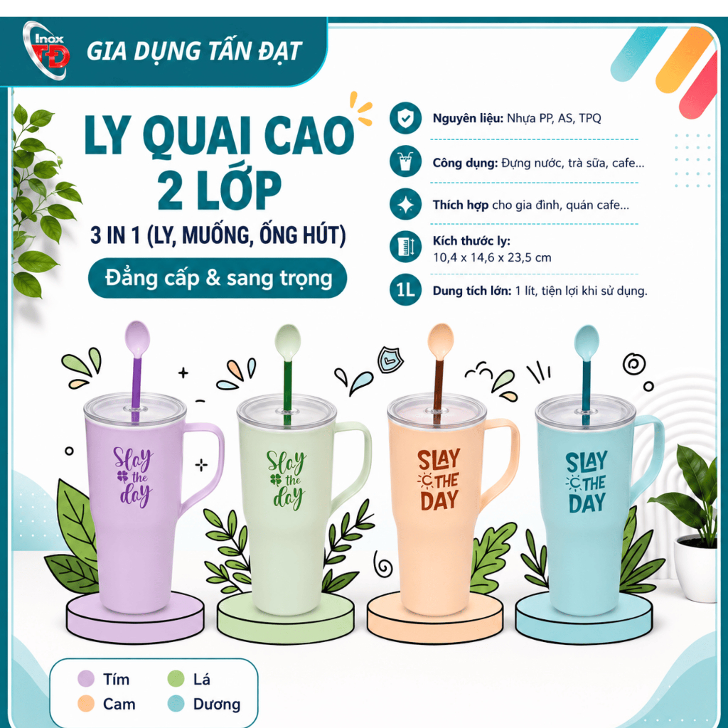 LY QUAI CAO 2 LỚP 3 IN 1 (LY - MUỖNG - ỐNG HÚT) - DUNG TÍCH 1 LÍT
