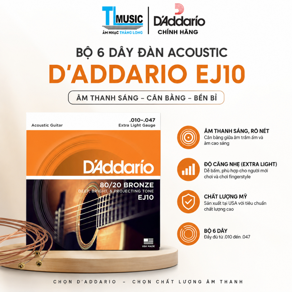 Chính hãng Dây guitar acoustic D'addario EJ10