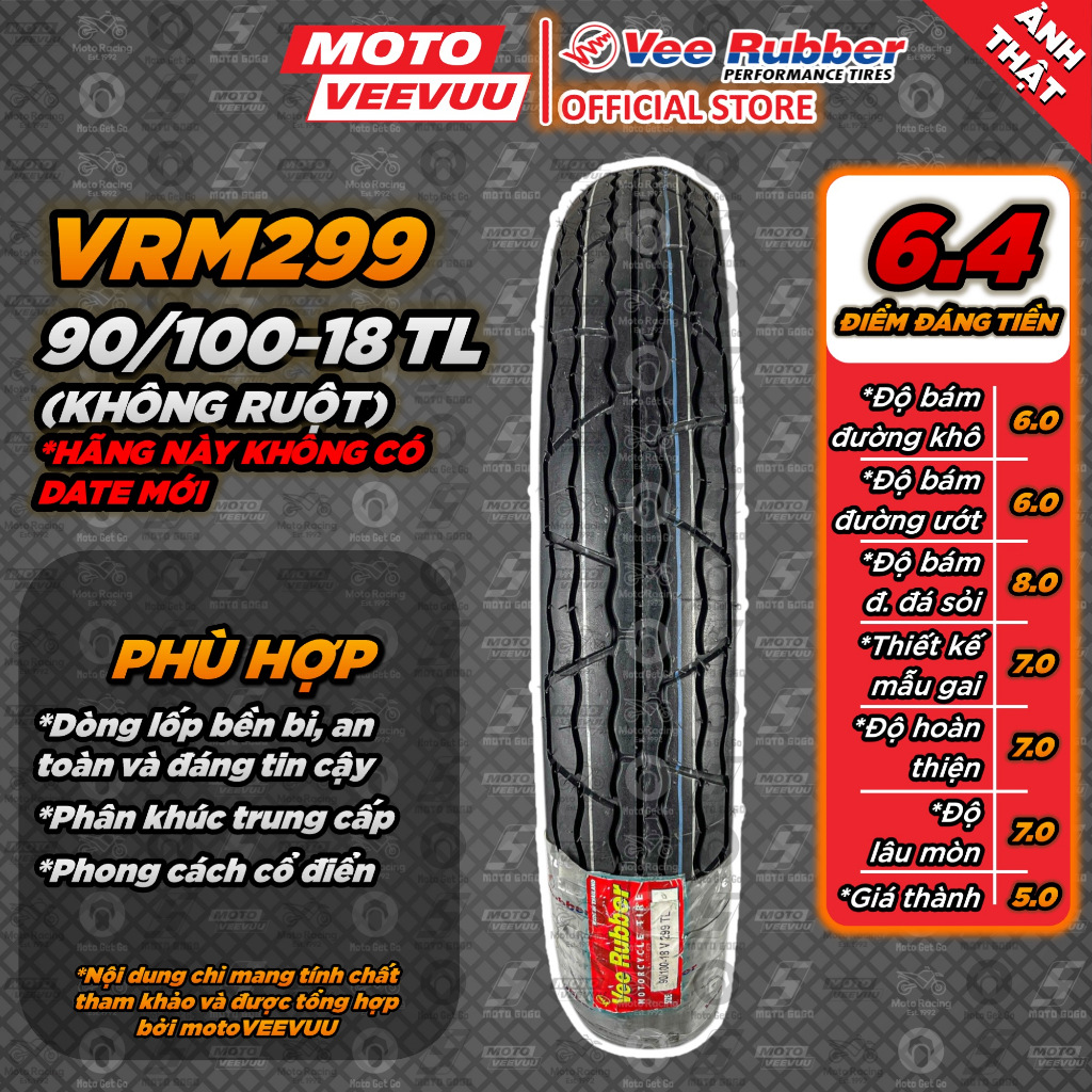 [MTVV] Lốp vỏ xe máy VEE RUBBER 90/100-18 TL VRM299 (Lốp không ruột VeeRubber) 90 100 18<END>