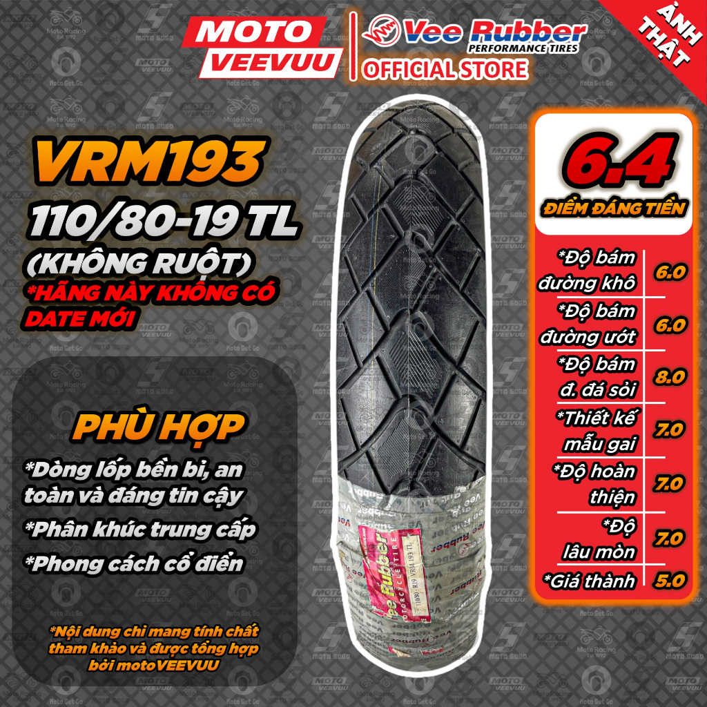 [MTVV] Lốp vỏ xe máy VEE RUBBER 110/80-19 TL VRM193 (Lốp không ruột VeeRubber) 110 80 19 <END>