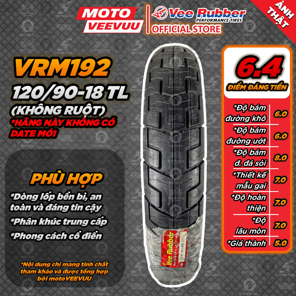 [MTVV] Lốp vỏ xe máy VEE RUBBER 120/90-18 TL VRM192 (Lốp không ruột VeeRubber)<END>