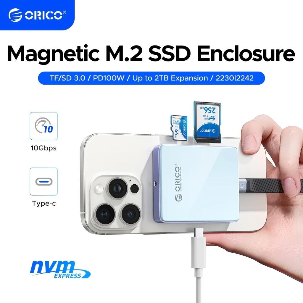 ORICO M.2 SSD Vỏ từ tính 2230 / 2242 NVMe Enclosure PD 100W Type-C 3.0 10Gbps Đọc TF/SD
