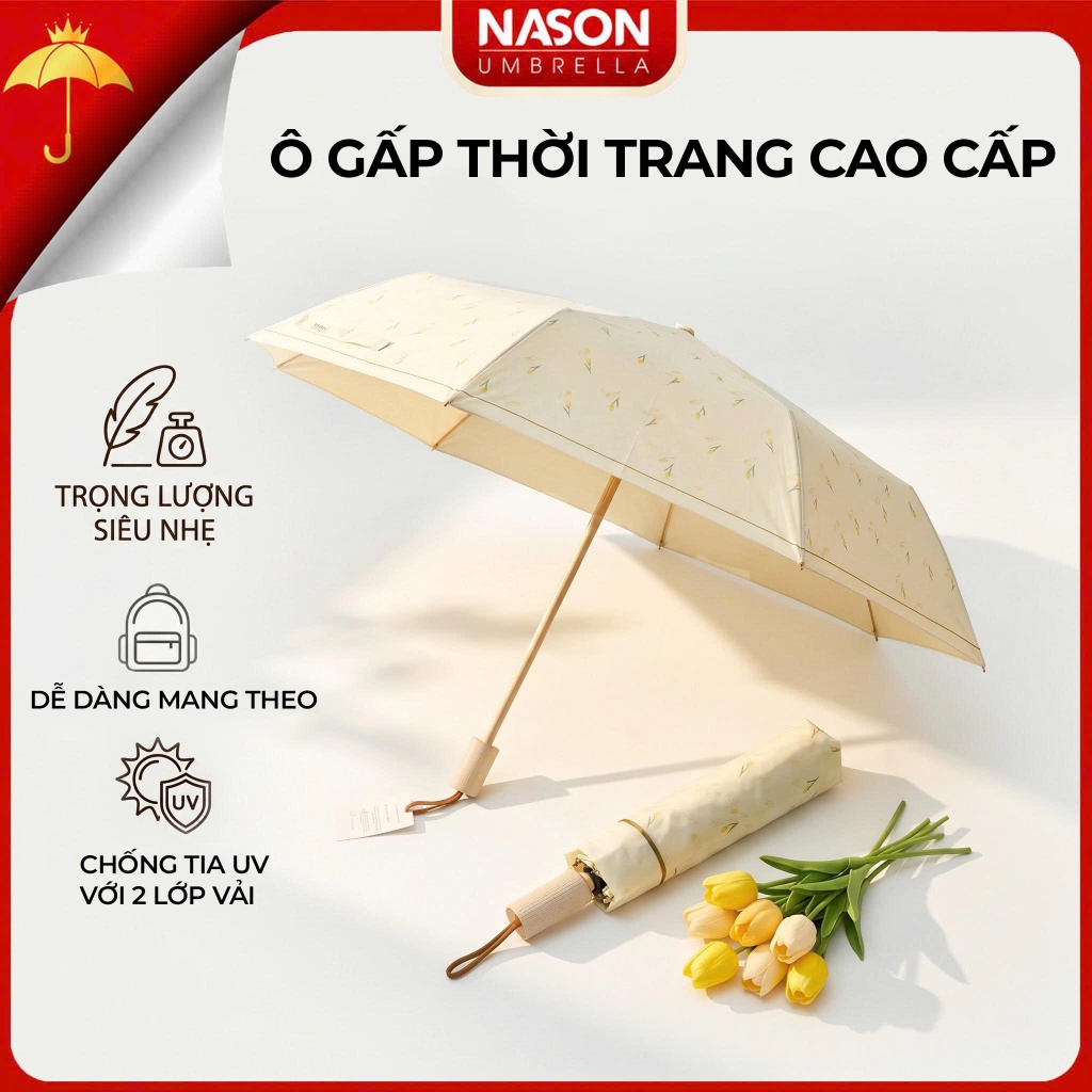 Ô siêu nhẹ cầm tay che mưa/nắng ngăn 99% UV NASON Ultra Light gấp gọn họa tiết hoa