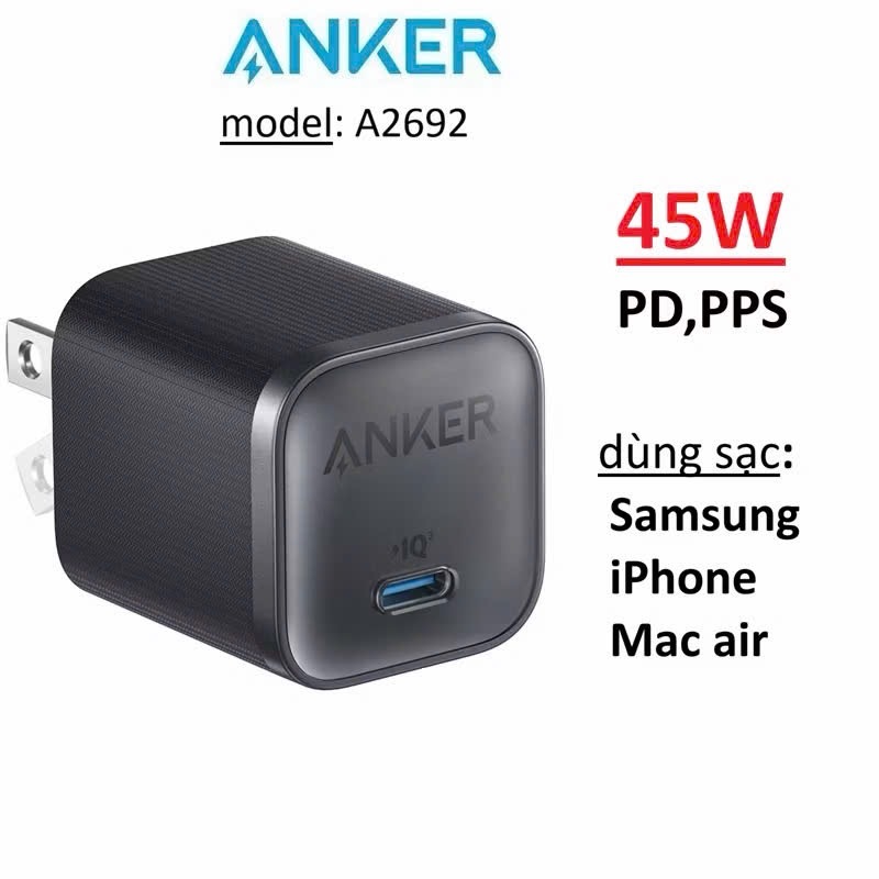 Cục sạc nhanh 45W Anker A2692 PD/PPS -Bảo Hành 12 tháng