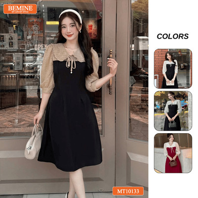 Đầm thiết kế BEMINE cổ V phối ren thêu hoa tay lửng dáng chữ A phù hợp đi làm, đi chơI-MT10133