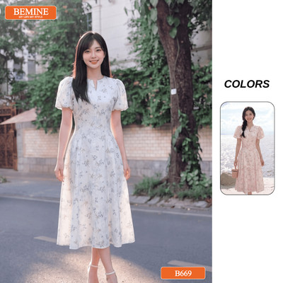 Đầm thiết kế BEMINE cổ tròn xẻ V họa tiết hoa dáng chữ A phù hợp đi chơi-B669