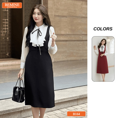 Đầm thiết kế BEMINE cổ chữ V phối bèo tay dài dáng chữ A phù hợp đi làm-B164