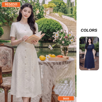 Đầm thiết kế BEMINE cổ tròn có cúc in hoa dáng dài phù hợp đi chơi-B688