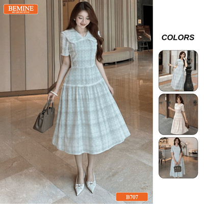 Đầm thiết kế BEMINE cổ nơ kẻ sọc dáng chữ A phù hợp đi chơi-B707