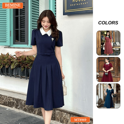 Đầm thiết kế cổ sen eo đính nơ tùng xếp ly BEMINE MT8969