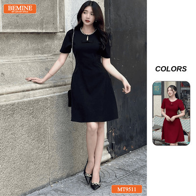 Đầm thiết kế BEMINE cổ tròn viền ngọc dáng chữ A phù hợp đi chơi, đi dạo phố-MT9511