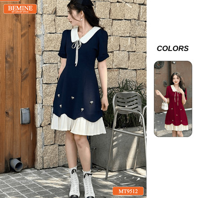 Đầm thiết kế BEMINE cổ sen đính nơ tùng xếp ly phù hợp đi chơi, đi dạo phố-MT9512
