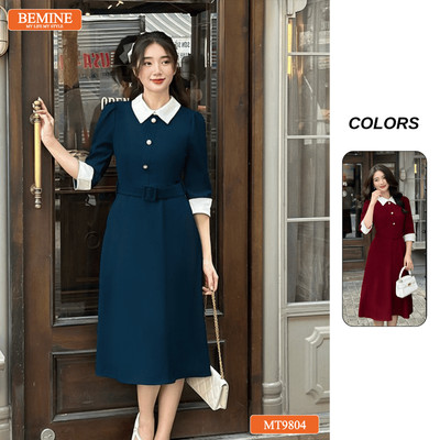 Đầm thiết kế BEMINE cổ đức dáng A xòe tay lửng đính cúc phù hợp đi làm, đi chơi-MT9804