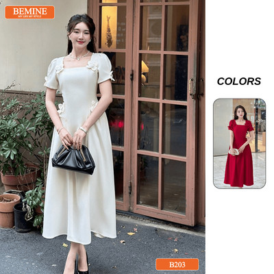 Đầm thiết kế BEMINE cổ vuông đính hoa dáng chữ A phù hợp đi chơi-B203