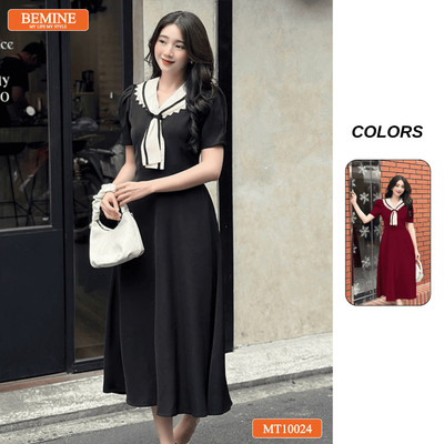 Đầm thiết kế BEMINE cổ cavat viền ren dáng chữ A phù hợp đi làm, đi chơi-MT10024