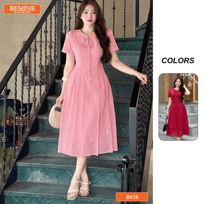Đầm thiết kế BEMINE cổ tròn tơ thêu hoa dáng chữ A phù hợp đi chơi-B438